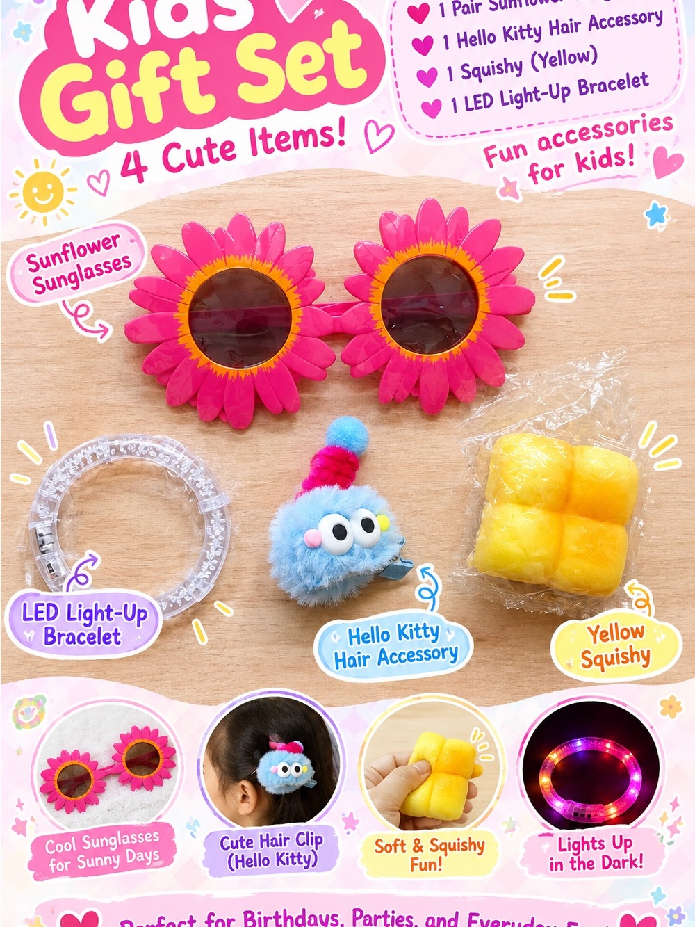 - Pink Sunflower Sunglasses & Yellow Squishy Toy